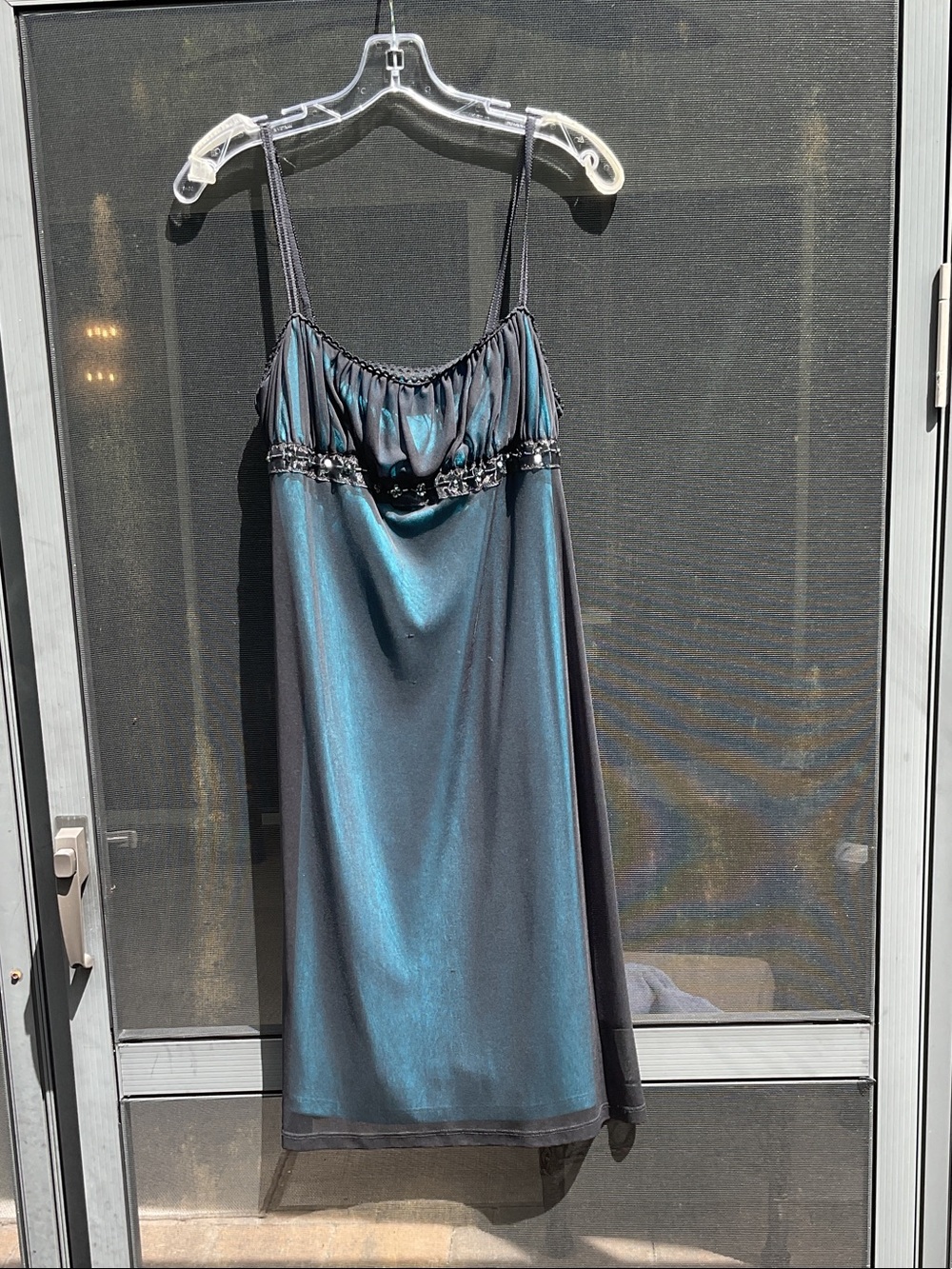 Iridescent Teal Satin Spaghetti-Strap Midi Dress